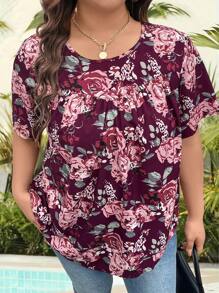 EMERY ROSE Plus Size Women Casual Round Neck Floral Printed T-Shirt Top