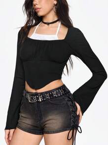 ROMWE Camiseta de mujer con cuello halter con cordones, pliegues en el pecho y mangas acampanadas, estilo retro americano Y2K, para looks de verano o primavera