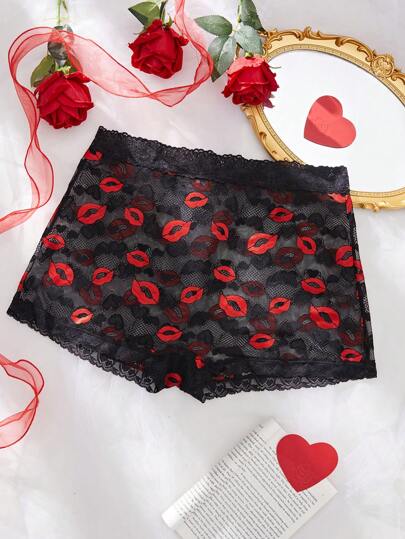Plus Size Women Lip Lace Minimalist Casual Fashion Panties, Valentine's Day Gifts Lingerie