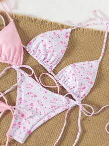 Swim Mod 2 piezas Bikini de mujer de primavera con diseño minimalista para vacaciones en la playa, con parte superior de tirantes y estampado floral ditsy