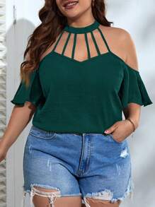 SHEIN VCAY Plus Size Vacation Casual Solid Color Cold Shoulder Halter Shirt