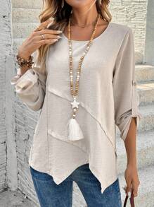 EMERY ROSE Women's Round Neck Asymmetrical Hem Blouse - Khaki - View 1