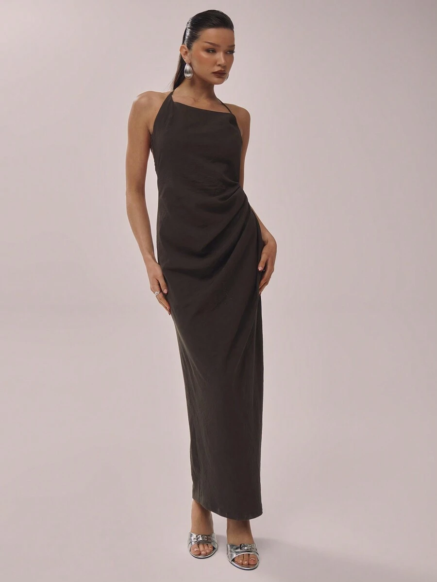 MUSERA Linne-look Asymmetrisk Bandklänning Rynkad Maxiklänning Elegant Vår Sommar Semester Strandfest Elegant Chic Lång Klänning Examensbal - Armé Grön - Visa 1