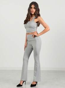 Glamine Women's Solid Color Sexy Tight Sleeveless Tank With Square Neck And Fashion Tight Flared Two-Piece Suit, Suitable For Club Wear