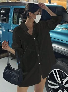 DAZY Camisa suelta de unicolor con solapa para mujer, blusa regular para primavera, verano y otoño