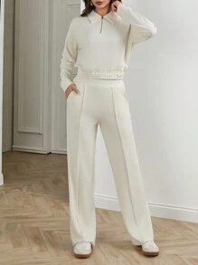 SHEIN Tall Women' Modal Soft Two-Piece Set With Zipper Collar - White - View 5