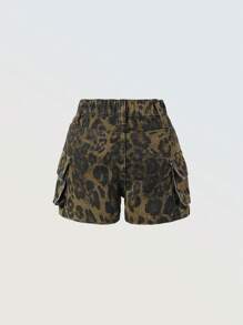 SHEIN 年轻女孩豹纹3D工装牛仔短裤，甜美街头风格 - 咖啡棕 - 查看 2