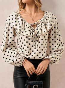 SHEIN Clasi Camisa elegante de manga larga para mujer con estampado de lunares en color albaricoque y negro, cuello con volantes y mangas acampanadas, adecuada para viajar y vacaciones en primavera y otoño, uso diario