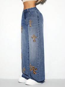 SHEIN ICON Luipaardprint Versleten Rechte Broeken Damesjeans