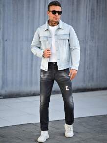Manfinity Homme Men's Front Button Long Sleeve Pocket Casual Denim Jacket - Light Wash - View 3