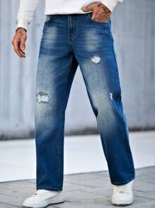 Manfinity Homme 男士简约直筒破洞口袋牛仔裤，休闲日常穿着