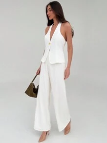 Aloruh 2pcs Set Elegant Office Wear Solid Color White Metallic Button Decor Cardigan And Straight Leg Pants, Versatile Outfit - White - View 1