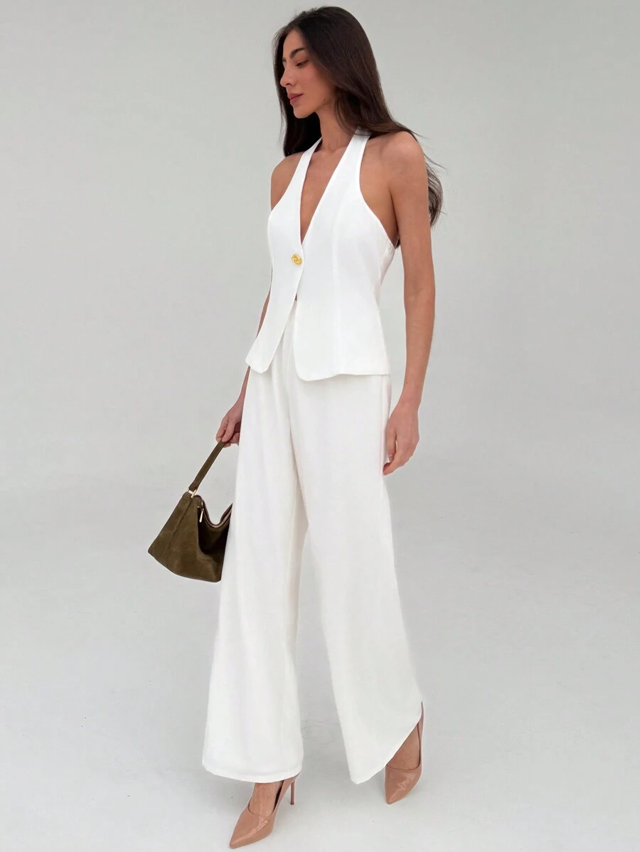 Aloruh 2pcs Set Elegant Office Wear Solid Color White Metallic Button Decor Cardigan And Straight Leg Pants, Versatile Outfit - White - View 1