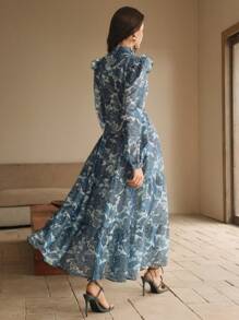 Anewsta 女式修身法式花卉印花连衣裙，带荷叶边下摆和灯笼袖，蓝色，度假夏季派对礼服，情人节 - 藍色 - 查看 2