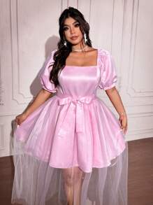 Celure Plus Size Solid Color Mesh Patchwork Front Tie Short Sleeve Simple Elegant Dress,Valentine Wedding Day Wedding Guest