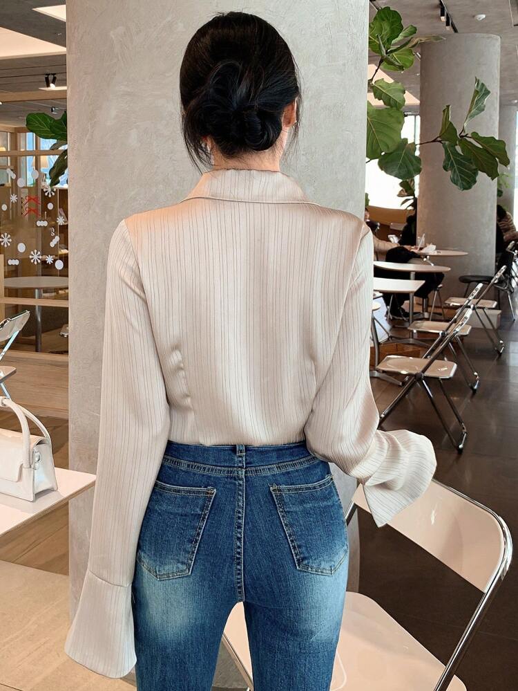 Striped Collar Tie-Up Collared Blouse For Women,Fall Women Clothes Long Sleeve Top