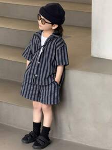 Dazy Kids 2 件套男童条纹短袖衬衫和短裤休闲装夏季返校服