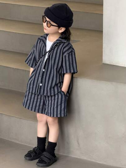 Dazy Kids 2pcs/Set Young Boy Striped Short Sleeve Shirt And Shorts Casual Outfit For Summer, Back To School Clothes