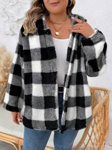 SHEIN LUNE Plus Size Có mũ trùm đầu in kẻ sọc dài tay áo khoác thời trang rộng rãi - Đen và trắng - Xem 5