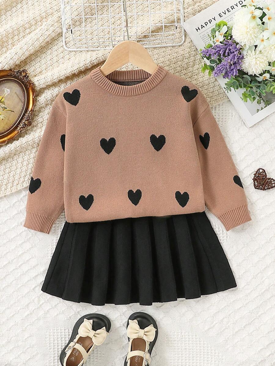 Young Girl Fashion Pleated Skirt + Sweater Outfit Set Winter Dress For Girls Sweaters Dress Girls Girls Winter Dresses Girls Sweater Dresses Girls Outfit Sets Dress Fall - Multicolor - View 1