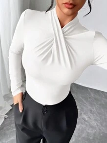 Firerie Autumn/Winter New Elegant Modern Sexy Influencer Casual Homewear Versatile Red Pleated Collar Bodysuit Understyle Bodysuit - White - View 6