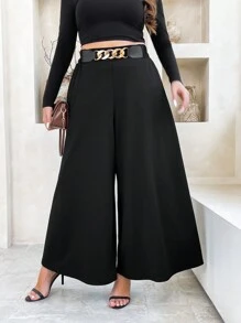 Flirla 大码纯色金属点缀休闲宽松裤，适合日常穿着