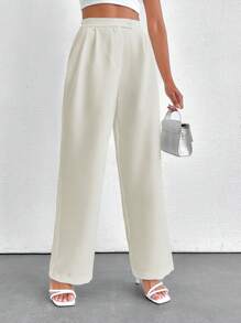 SHEIN PETITE Petite Women's Stylish Solid Color High Waist Straight Pant With Button And Zipper Details