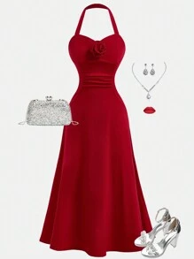 Girlism Vestido ajustado de línea A rojo de punto con halter para niñas preadolescentes, con decoración de flores 3D y detalle fruncido, adecuado para el Día de San Valentín, fiestas y uso casual