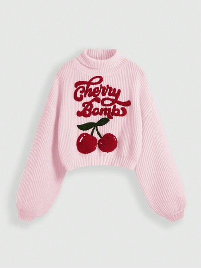 Fairycore Cherry Embroidery High Neck Lantern Sleeve Women Himekaji Sweater, Cute & Casual, Suitable For Valentine's Day & Spring