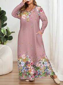 EMERY ROSE 大码休闲波尔卡圆点印花长袖圆领连衣裙，适合秋冬季