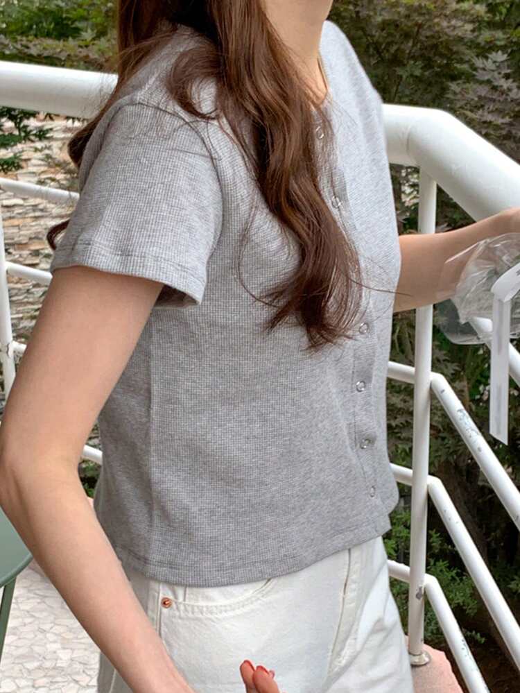 Women Solid Color Crew Neck Fitted Short Sleeve T-Shirt, Gray, Spring/Summer