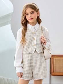 SHEIN Leap Crew Tween Girls Fashionable Front Button Sleeveless Top And Straight Leg Shorts Set - White - View 1