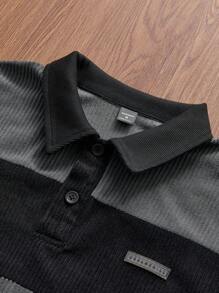 SWAVVY Men's Casual Knitted Loose Fit Long Sleeve Half Button Sweatshirt For Daily Wear, Going Out Letter Color Block Sweatshirt, For Friends, Husband, Boyfriend Gifts, For Fall, Winter - Black - View 3