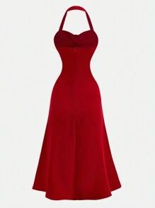 Girlism Vestido ajustado de línea A rojo de punto con halter para niñas preadolescentes, con decoración de flores 3D y detalle fruncido, adecuado para el Día de San Valentín, fiestas y uso casual