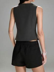 LYSMO Button Front V-Neck Blazer Vest - Spring/Summer-2025New Arrival - Grey - View 2