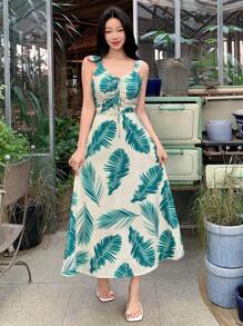 DAZY 女式 V 领无袖热带树叶印花系腰中长连衣裙、挤奶女工裙太阳裙 - 綠色 - 查看 5