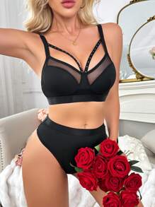 2pcs Set Sheer Mesh Spliced Hollow Lingerie Set - Black - View 1