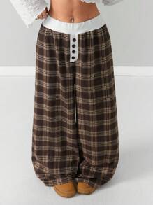 Coolane 女士春夏街头风纽扣设计宽松休闲格子阔腿裤