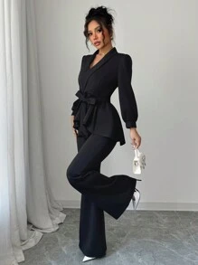 INAWLY Set de 2 piezas con chaqueta de manga farol de unicolor y pantalones anchos de pierna ancha, estilo elegante de oficinista