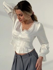 Aloruh Women's White Deep V-Neck Puff Sleeve Lace Patchwork Pleated Waist Long Sleeve Satin Blouse - White - View 3