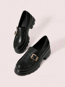 CUCCOO DOLLMOD Women's Outdoor Round Toe Wedge Thick Bottom Button Decorated Black PU Glossy Material Fashion Simple Black Slip-On Flat Shoes