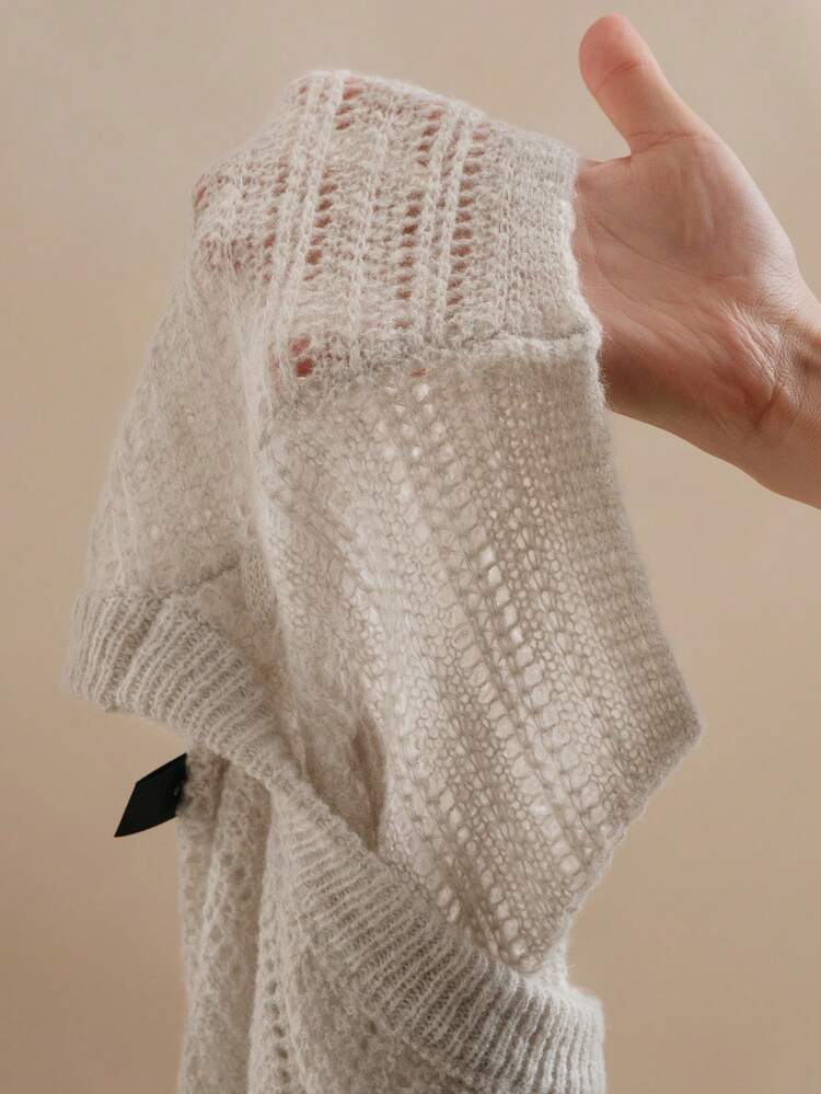 Elegant Fashionable Versatile Beige Sea Horse Mohair & Wool Knitted Top, Spring Summer For Women