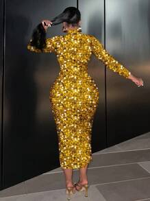 Slaydiva 大码休闲简约闪亮图案印花长袖圆领修身连衣裙，适合秋冬派对 - 彩色 - 查看 2