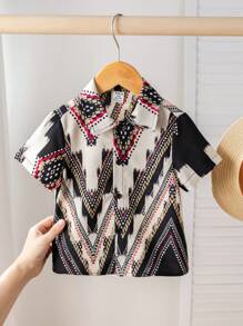 SHEIN Cardigan Kasual Lengan Pendek Berkerah Motif Tradisional untuk Bayi Laki-laki - MultiWarna - View 3