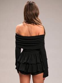 SHEIN BAE 春装性感纹理针织复古长袖连体裤适合闺蜜聚会、下午茶、日常外出、家庭聚会、连体裤、鸡尾酒会、情人节派对 - 黑色 - 查看 2