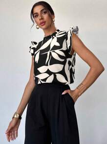 Firerie 女士优雅花卉印花盖袖休闲/度假衬衫 - 黑色 - 查看 4