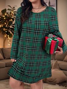 SHEIN VCAY Vestido casual de manga larga, de cuello redondo, con bolsillo y estampado de cuadros, talla grande