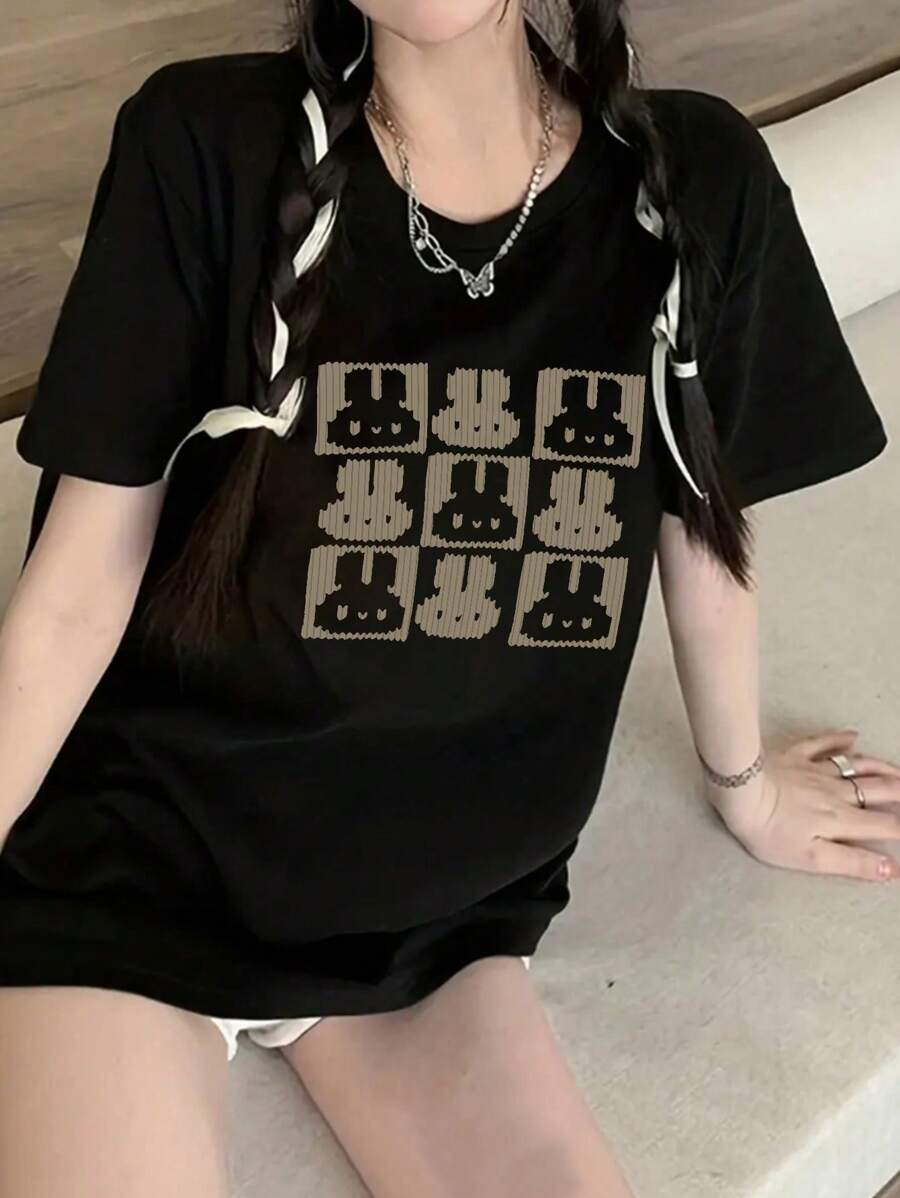 INAWLY 女士卡通印花短袖 T 恤 夏季图案 T 恤 女式上衣 - 黑色 - 查看 1