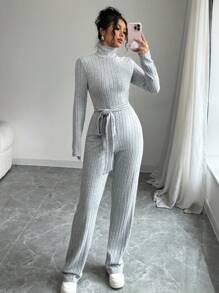 SHEIN LUNE Women's Solid Color Turtleneck Long Sleeve Drawstring Simple Casual Knitted Jumpsuit