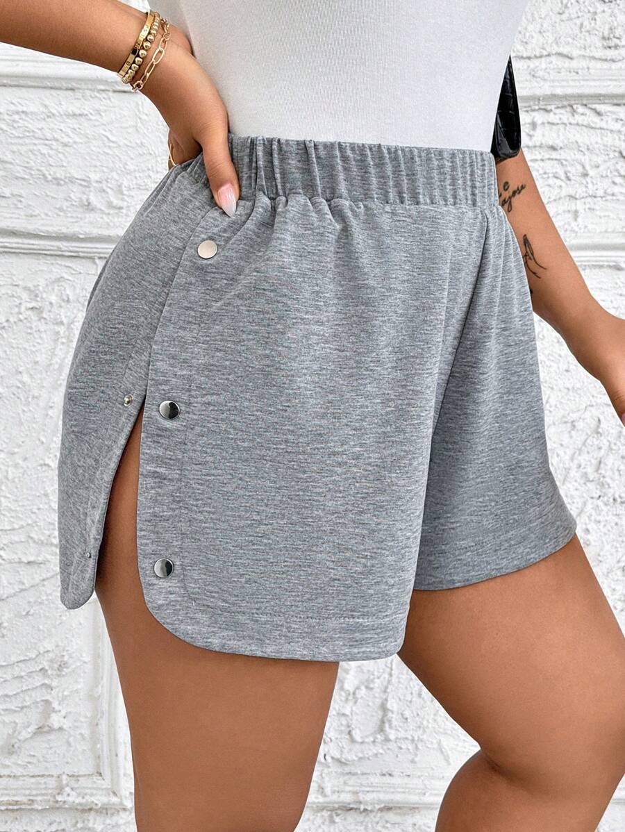 SHEIN LUNE Celana Jogging Kasual Sederhana Wanita Ukuran Besar Warna Abu-abu Muda dengan Karet Pinggang dan Jahitan Samping Elastis, Empat Kancing - Light Grey - View 1